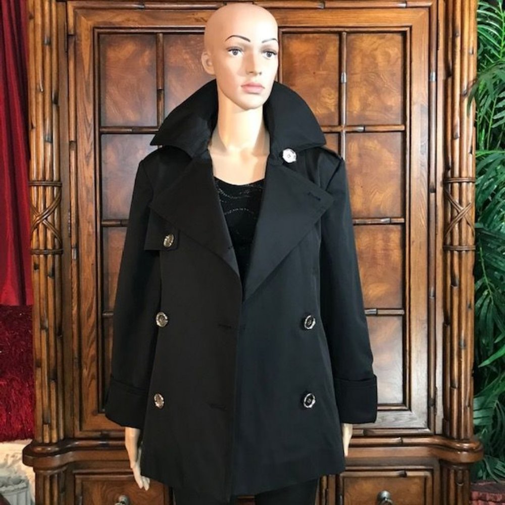 Anne Klein Black Milano Nights Cotton Blend Pea Coat - Picture 2 of 13
